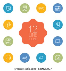 Set Of 12 Notebook Outline Icons Set.Collection Of Projector, Modem, Computer Mouse And Other Elements.