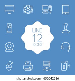 Set Of 12 Notebook Outline Icons Set.Collection Of Powerbank, Gamepad, Computer Mouse And Other Elements.