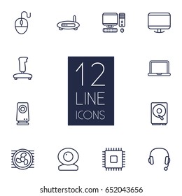 Set Of 12 Notebook Outline Icons Set.Collection Of Gamepad, Cpu, Notebook And Other Elements.