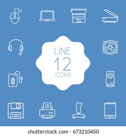 Set Of 12 Notebook Outline Icons Set.Collection Of Printer, Speaker, Laptop And Other Elements.
