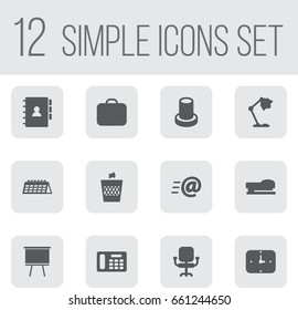 Set Of 12 Office Icons Set.Collection Of Phone, Book, Illuminator And Other Elements.