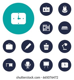 Set Of 12 Office Icons Set.Collection Of Urn, Illuminator, Book And Other Elements.