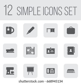 Set Of 12 Office Icons Set.Collection Of Blackboard, Case, Book And Other Elements.