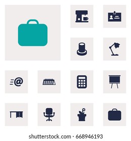 Set Of 12 Office Icons Set.Collection Of Desktop, Blackboard, Espresso And Other Elements.