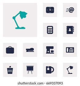 Set Of 12 Office Icons Set.Collection Of Time, Cup, Urn And Other Elements.