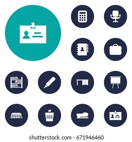 Set Of 12 Office Icons Set.Collection Of Book, Urn, Label And Other Elements.