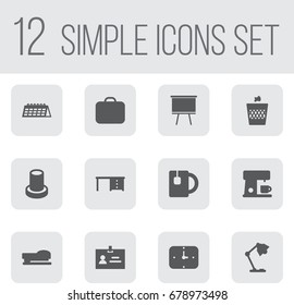 Set Of 12 Office Icons Set.Collection Of Case, Desktop, Blackboard And Other Elements.