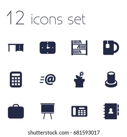 Set Of 12 Office Icons Set.Collection Of Calculate, Case, Phone And Other Elements.