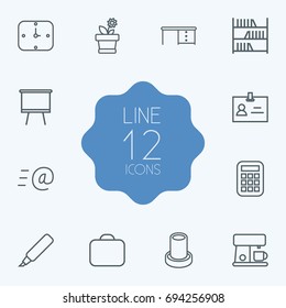 Set Of 12 Office Outline Icons Set.Collection Of Bookshelf, Board Stand, Pencil Elements.