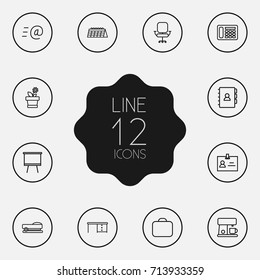 Set Of 12 Office Outline Icons Set.Collection Of Chair, Briefcase, Coffee Maker And Other Elements.