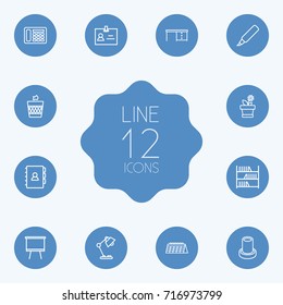 Set Of 12 Office Outline Icons Set.Collection Of Telephone, Book, Wastebasket And Other Elements.