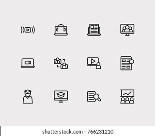 Set of 12 online e-learning icon set line style with call laptop video, online student with teacher and digital blog elements including e learning icon for your web site mobile app logo UI design.