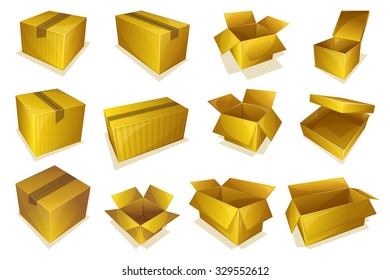 Set of 12 opened and closed cardboard parcel icon