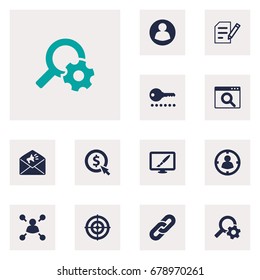 Set Of 12 Optimization Icons Set.Collection Of Click, Searching, Keywords And Other Elements.