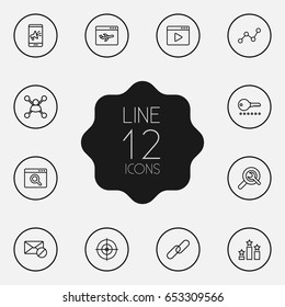 Set Of 12 Optimization Outline Icons Set.Collection Of SEO Test, Home, Choice And Other Elements.