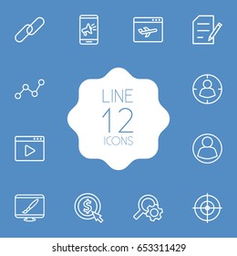 Set Of 12 Optimization Outline Icons Set.Collection Of SEO Test, Guest, Targeting And Other Elements.