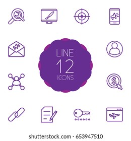 Set Of 12 Optimization Outline Icons Set.Collection Of Web Design, Stock Exchange, Choice And Other Elements.