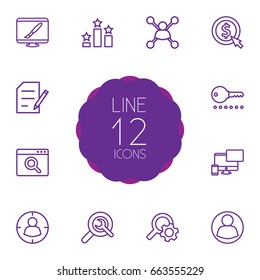 Set Of 12 Optimization Outline Icons Set.Collection Of Choice, Targeting, Cost Per And Other Elements.