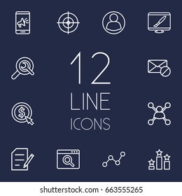 Set Of 12 Optimization Outline Icons Set.Collection Of Guest, Block, SEO Test And Other Elements.