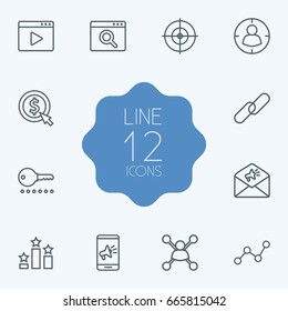 Set Of 12 Optimization Outline Icons Set.Collection Of Cost Per, Keywords, SEO Test And Other Elements.