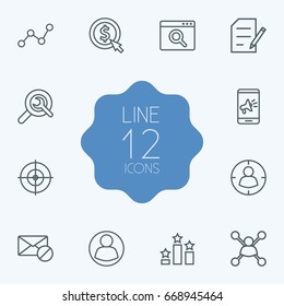 Set Of 12 Optimization Outline Icons Set.Collection Of Block, Marketing, SEO Test And Other Elements.