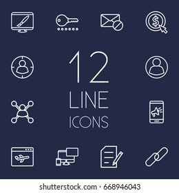 Set Of 12 Optimization Outline Icons Set.Collection Of Marketing, Web Design, Stock Exchange And Other Elements.