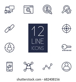 Set Of 12 Optimization Outline Icons Set.Collection Of SEO Test, Web Design, Cost Per And Other Elements.