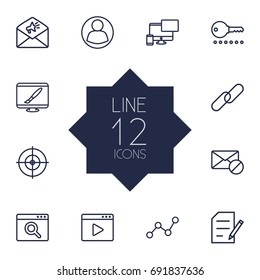Set Of 12 Optimization Outline Icons Set.Collection Of Block, Copyright, Web Design And Other Elements.