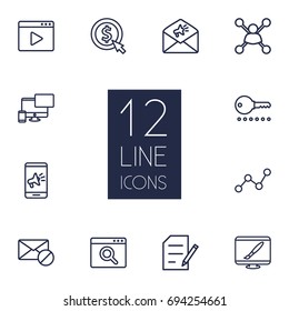 Set Of 12 Optimization Outline Icons Set.Collection Of Advertising, Mobile, Copyright And Other Elements.
