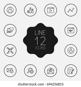 Set Of 12 Optimization Outline Icons Set.Collection Of Copyright, Block, Blogging And Other Elements.