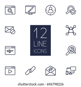 Set Of 12 Optimization Outline Icons Set.Collection Of Landing Page, Wrench, Block Elements.