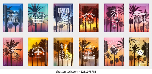 A set of 12 options for posters with palm trees. For all occasions to relax. For advertising, sales, discounts, super offers. 10 eps