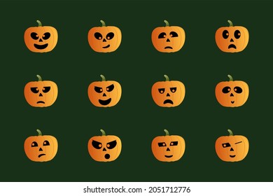 A set of 12 original Halloween emoticons. Cartoon vector pumpkins. Expression of emotions for social networks. Funny icons. All Saints' Day. Decorative stickers for the holiday.