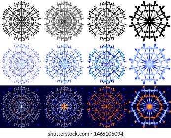 A set of 12 original snowflakes to create a unique design for winter themes. Stylized snowflakes in hand drawing style. Black, blue and multicolored on white and dark blue.