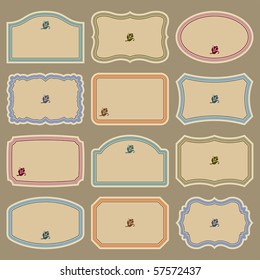 Set of 12 ornate vintage labels, vector illustration. Blank frames of various shapes. Elegant background. Simple retro elements for your design.