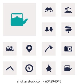 Set Of 12 Outdoor Icons Set.Collection Of Bbq, Kettle, Wood Axe And Other Elements.