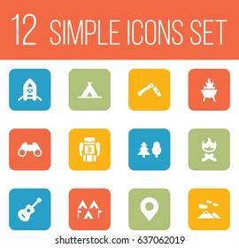 Set Of 12 Outdoor Icons Set.Collection Of Acoustic, Tent, Inflatable Raft And Other Elements.