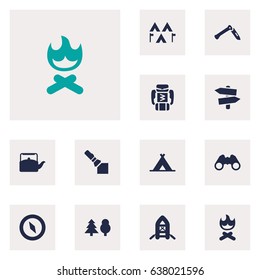 Set Of 12 Outdoor Icons Set.Collection Of Inflatable Raft, Backpack, Tent And Other Elements.