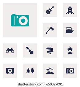 Set Of 12 Outdoor Icons Set.Collection Of First Aid Box, Photo Camera, Signpost And Other Elements.