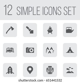 Set Of 12 Outdoor Icons Set.Collection Of Map, Tent, Flashlight And Other Elements.
