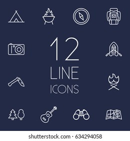 Set Of 12 Outdoor Outline Icons Set.Collection Of Forest, Guitar, Penknife And Other Elements.