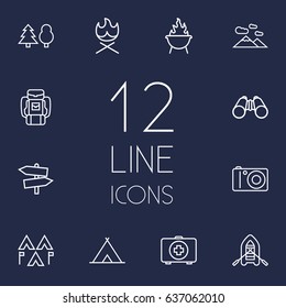 Set Of 12 Outdoor Outline Icons Set.Collection Of Photographing, Shelter, Baggage And Other Elements.