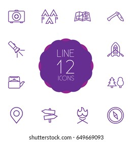 Set Of 12 Outdoor Outline Icons Set.Collection Of Compass, Rubber Boat, Place Pointer And Other Elements.