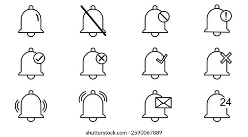 Set of 12 outline bell notification icon on white background.