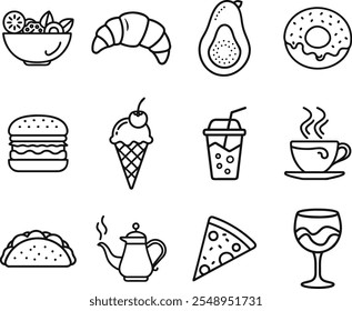 A set of 12 outline icons depicting various food and drink items, including a salad bowl, croissant, avocado, donut, burger, ice cream cone, soda, coffee, taco, teapot, pizza slice, and a glass of win