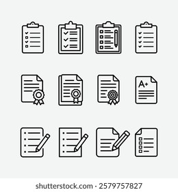 Set of 12 outline icons featuring clipboards, checklists, certificates, graded papers, and writing tools, ideal for education, office, and productivity. Documents Icon Collection.