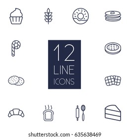 Set Of 12  Outline Icons Set.Collection Of Cookie, Pancakes, Donuts And Other Elements.