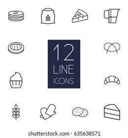 Set Of 12  Outline Icons Set.Collection Of Croissant, Apple Pie, Measuring Cup And Other Elements.