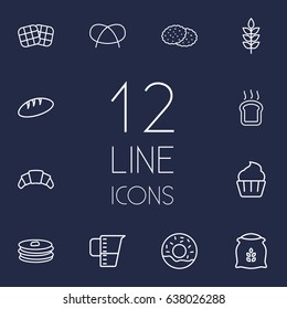 Set Of 12  Outline Icons Set.Collection Of Donuts, Croissant, Bread And Other Elements.
