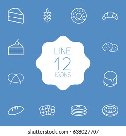 Set Of 12  Outline Icons Set.Collection Of Waffle, Cheesecake, Cake And Other Elements.